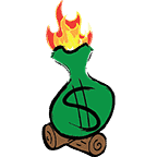 A bag of money with a dollar sign on it, set ablaze atop two pieces of firewood.