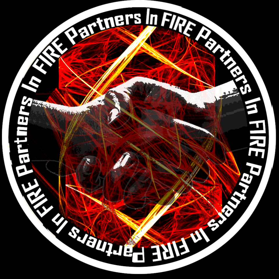 An intricate emblem featuring a firefighting theme with the text 'partners in fire' repeated in a circle and a stylized graphic suggesting urgency and teamwork.