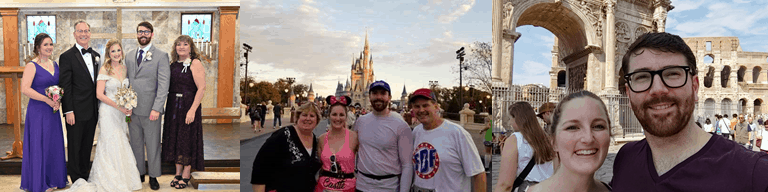 A collage of memorable moments: a formal wedding photo, a family trip to a disney theme park, and a couple's selfie in front of the colosseum in rome.