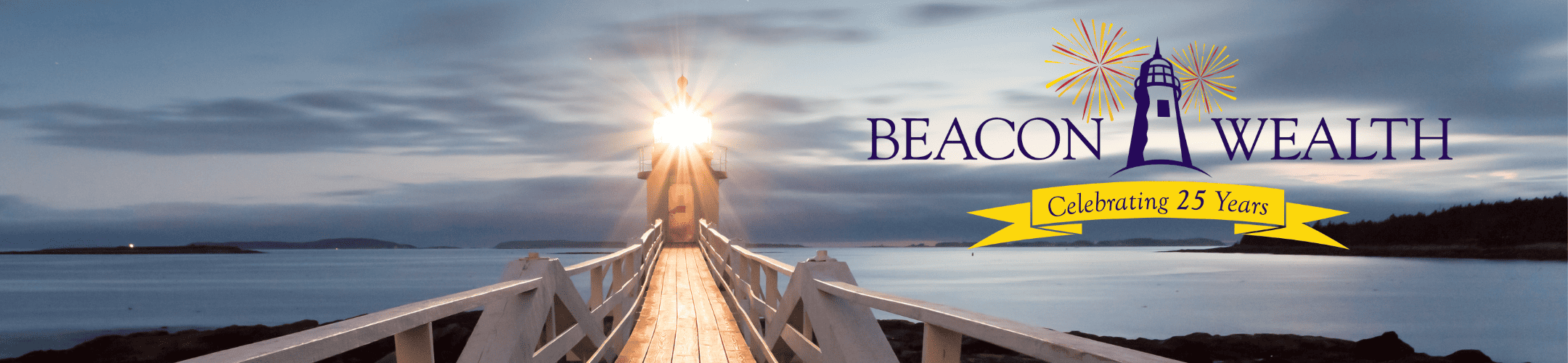A serene evening scene featuring a wooden pier stretching out into tranquil waters with a lighthouse motif and the words 