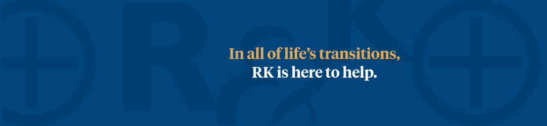 Corporate support message on a blue background promising assistance through office changes with the initials 'rk.'.