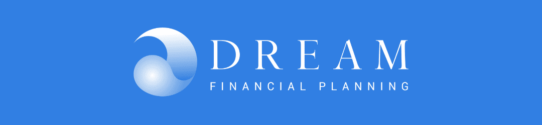 Logo of 'dream financial planning' with an abstract wave-like emblem on a blue background.