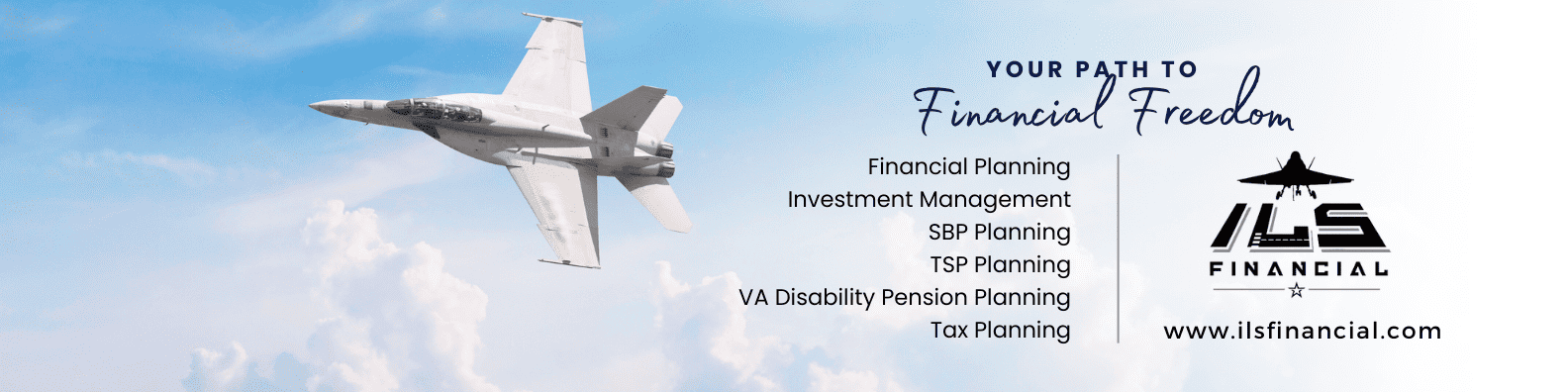 A fighter jet soaring in the sky above a cloud with an advertisement for financial services including financial planning, investment management, and tax planning, symbolizing the concept of 