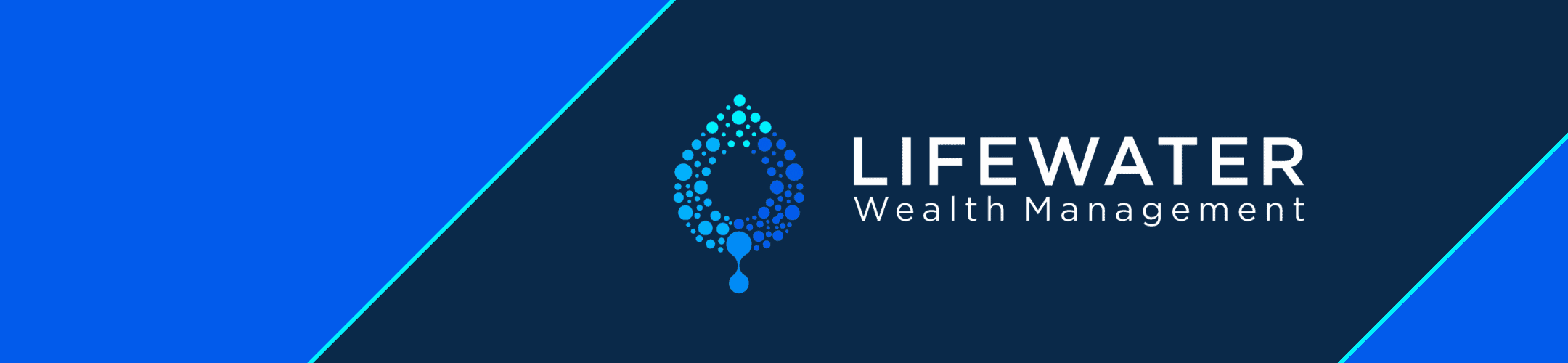 Abstract blue water droplet forming a tree shape, symbolizing growth and prosperity alongside the text 