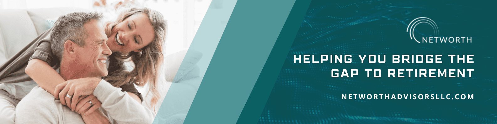 A smiling couple enjoying a close embrace with text promoting financial planning for retirement: 