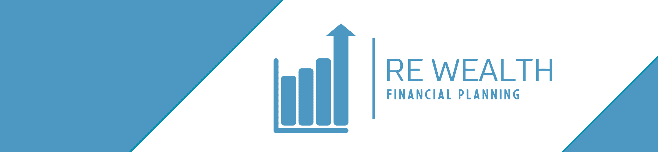 Logo for RE Wealth Financial Planning featuring a blue rising bar chart with an upward arrow. The background is white and blue with diagonal edges.