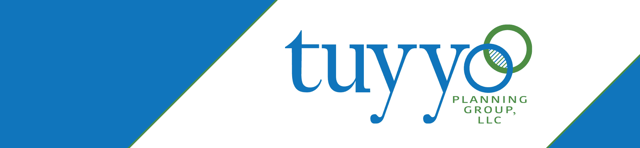Logo of Tuyyo Planning Group, LLC, featuring the company name in blue with two interlocking green and blue rings to the right. The background is white with blue diagonal borders on the top and bottom.