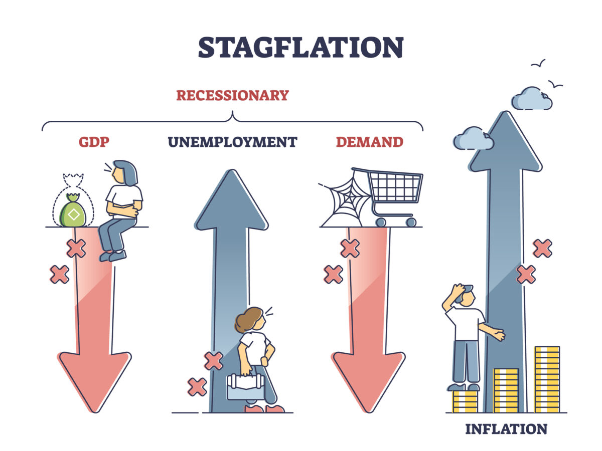Illustration of stagflation showing GDP and demand declining with downward arrows, unemployment rising with an upward arrow, and inflation increasing with an upward arrow. People and icons represent each economic factor.