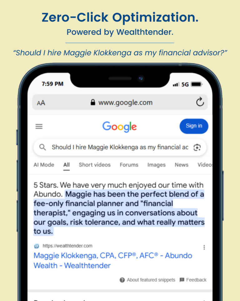 A smartphone displays a Google search result for "Should I hire Maggie Klokkenga as my financial advisor?" highlighting a 5-star review praising Maggie as a financial planner blending financial and behavioral coaching.