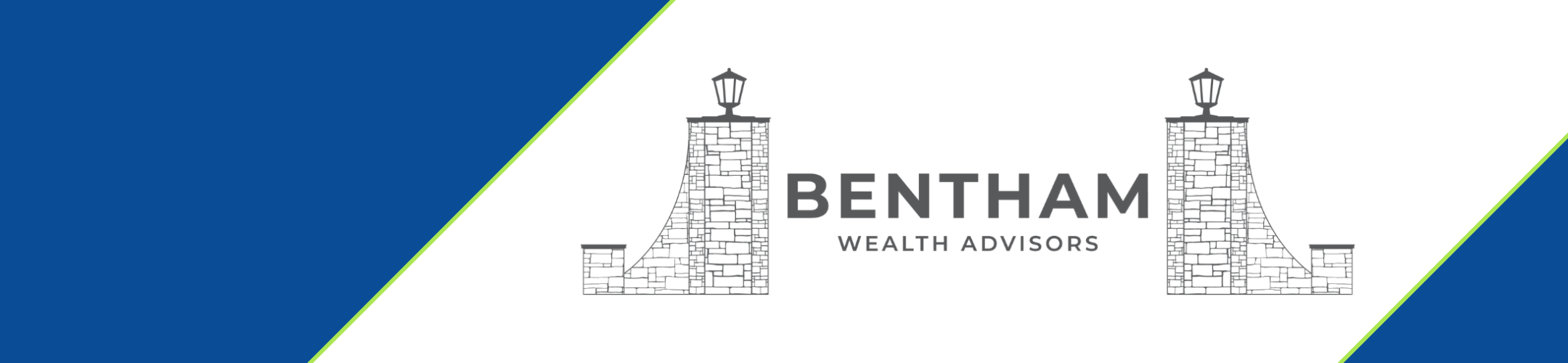 Logo for Bentham Wealth Advisors. The design features two stone lamp pillars, one taller than the other, with the company name in bold text between them. Background includes blue and white diagonal sections.