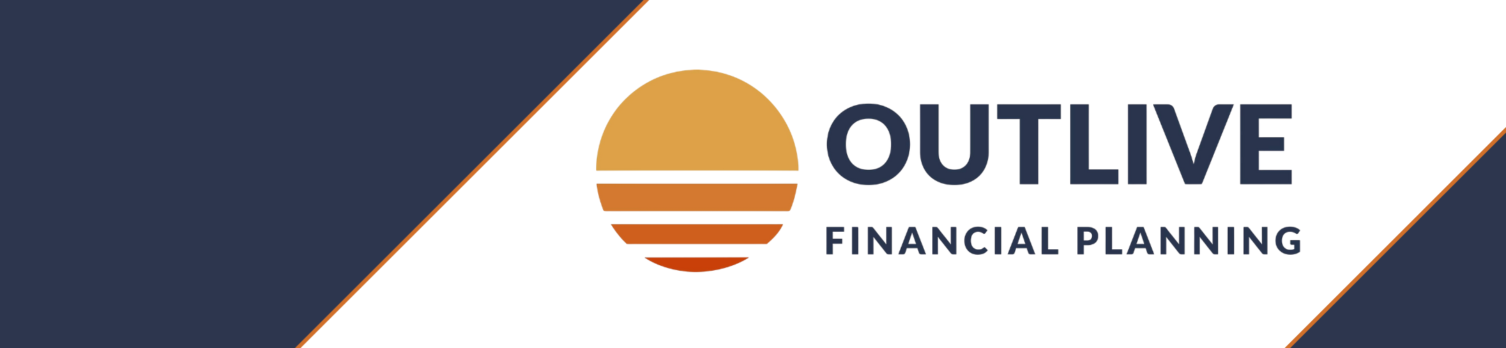 Logo for Outlive Financial Planning featuring a stylized orange sun over three horizontal lines with the company name in bold dark blue text on a white and blue diagonal background.