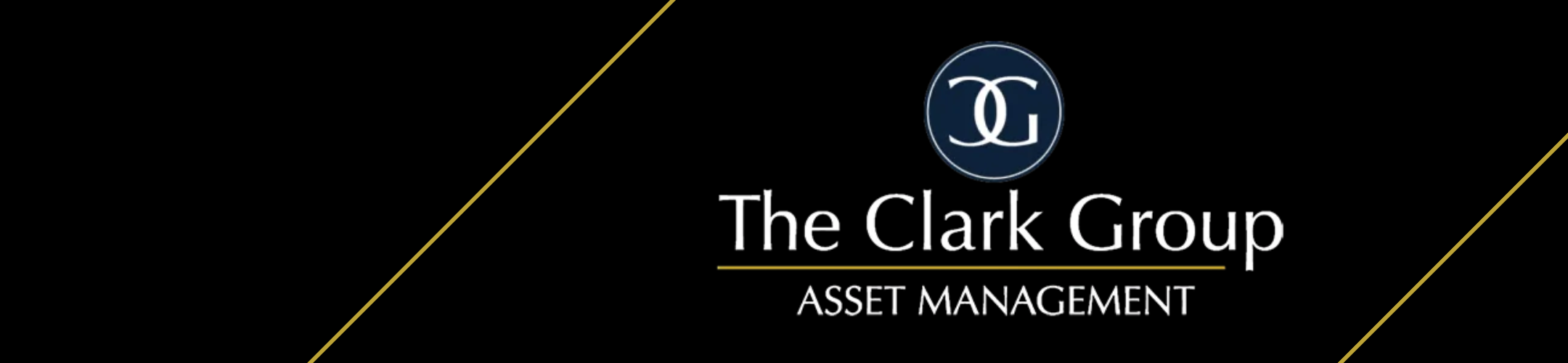 Logo for The Clark Group Asset Management on a black background with thin yellow diagonal lines. The logo includes a blue circle with interlocking letters 
