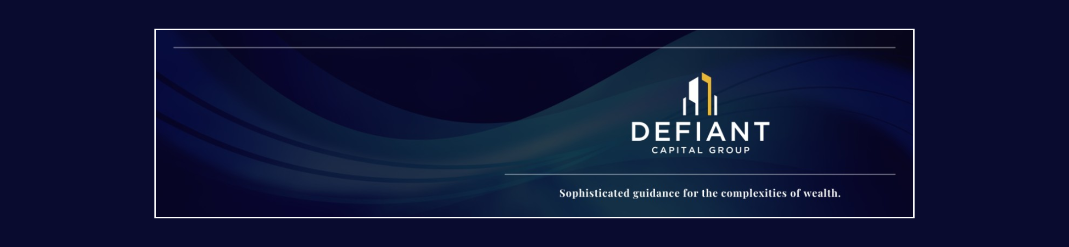 Banner with a dark blue wavy background, the Defiant Capital Group logo featuring three gold and white building shapes, and the tagline 