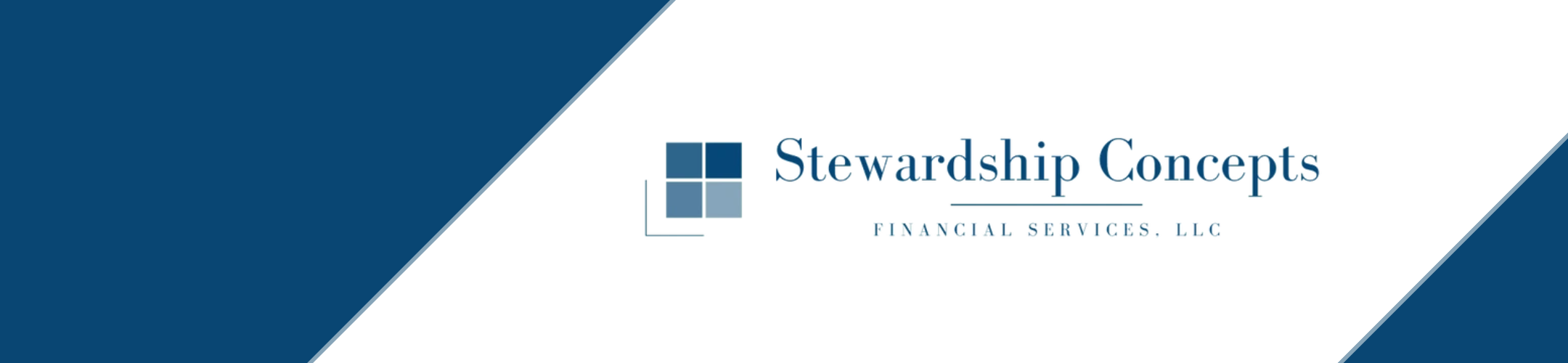 Logo for Stewardship Concepts Financial Services, LLC, featuring four blue squares and the company name in elegant blue text on a white background with blue diagonal borders.
