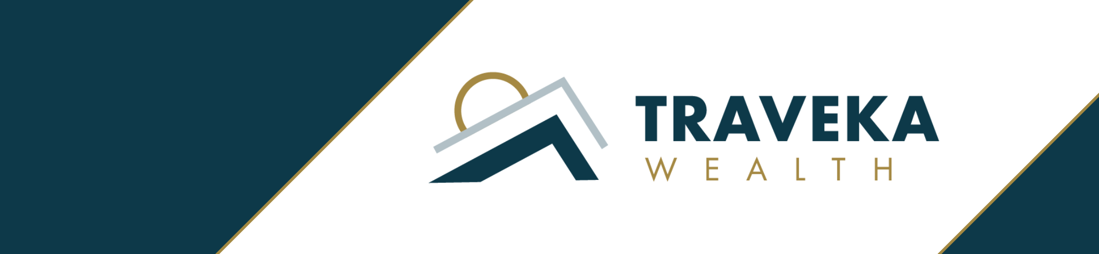 Logo for “Traveka Wealth,” featuring a stylized roof and circle design in blue, gray, and gold, with the company name in bold blue and gold text on a diagonally split background.