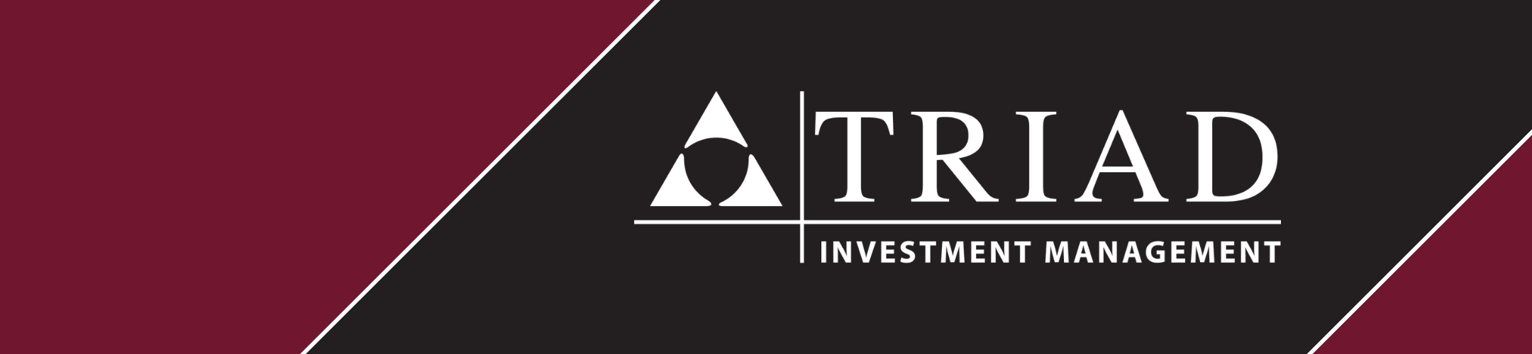 Triad Investment Management logo with a white triangle symbol and text on a black background, bordered by diagonal maroon sections.