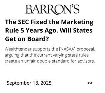 Screenshot of a Barron's article headline: "The SEC Fixed the Marketing Rule 5 Years Ago. Will States Get on Board?" with a summary about state rules and a date, September 18, 2025.