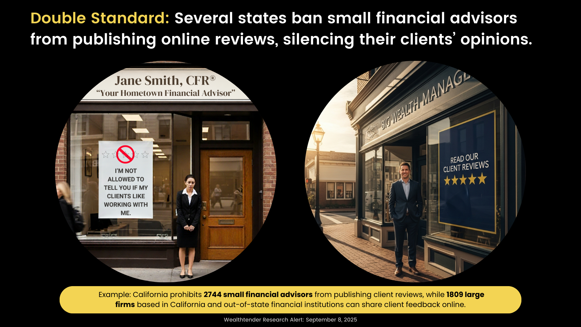A split image: left shows a woman in a suit standing outside an office with a sign saying she can't share client reviews. Right shows a business storefront with a large sign encouraging people to read client reviews.