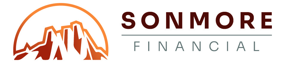Logo for Sonmore Financial featuring a stylized orange mountain range inside a circular outline on the left, with 