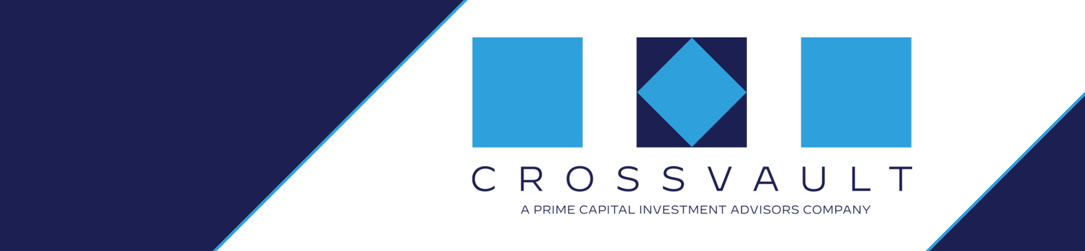Logo for Crossvault, a Prime Capital Investment Advisors company, featuring two blue squares and a blue diamond on a navy background, with the company name and tagline below. Navy and white diagonal stripes border the image.