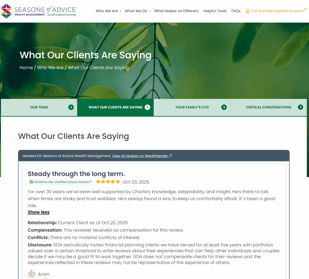 A website page titled "What Our Clients Are Saying" displays a client testimonial about the advisor’s knowledge and adaptability, dated Oct 20, 2025, with a 5-star rating and disclaimer below the review.
