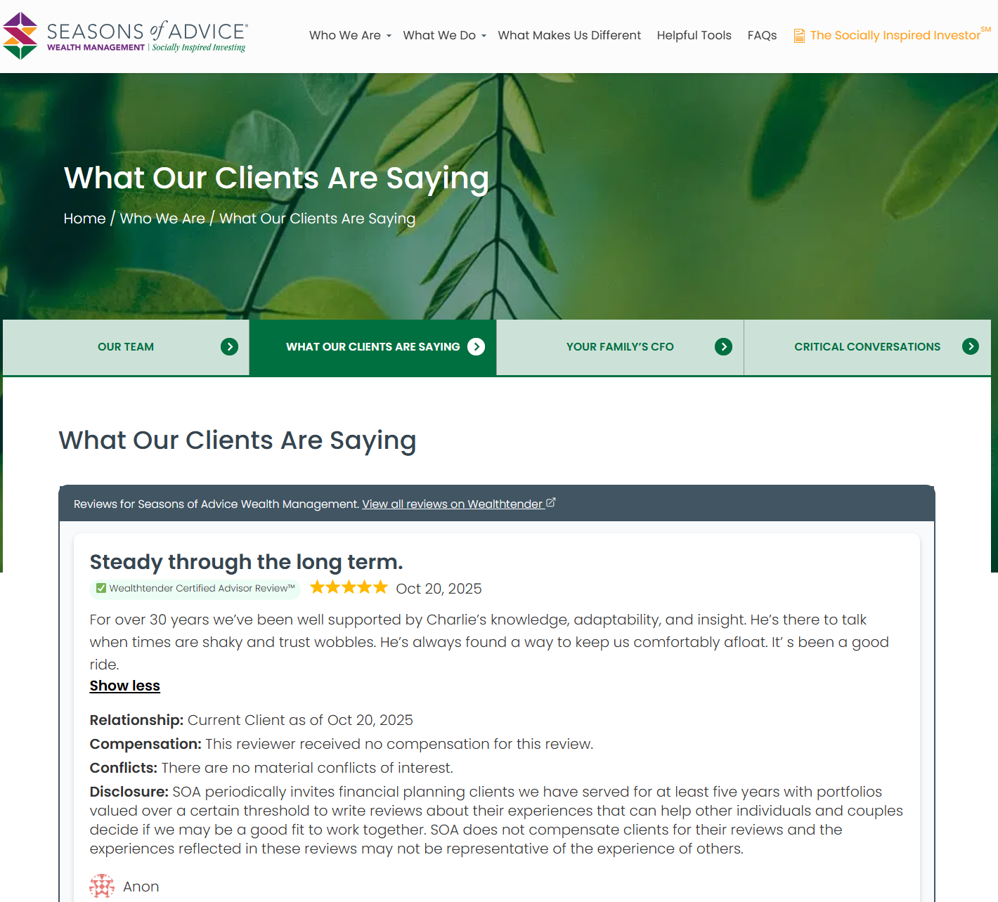 A website page titled "What Our Clients Are Saying" displays a client testimonial about the advisor’s knowledge and adaptability, dated Oct 20, 2025, with a 5-star rating and disclaimer below the review.
