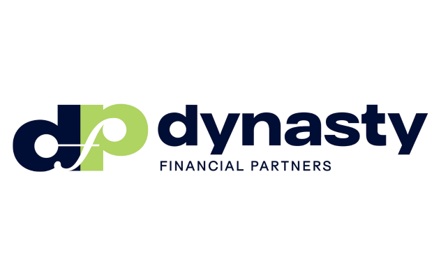 Logo with stylized lowercase letters "dfp" in blue and green on the left, and the words "dynasty FINANCIAL PARTNERS" in bold blue text on the right, on a light background.