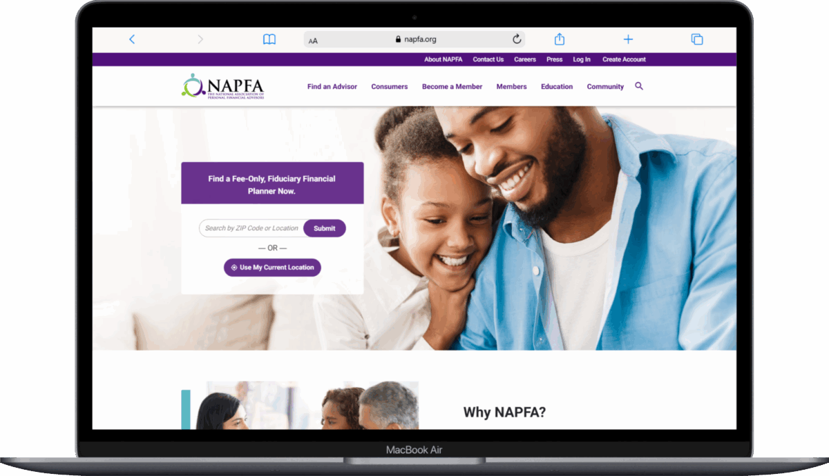 A laptop screen displays the NAPFA website, showing a smiling man and child. The site offers a search to find a fiduciary financial planner, with navigation options at the top and a purple search box in the center.