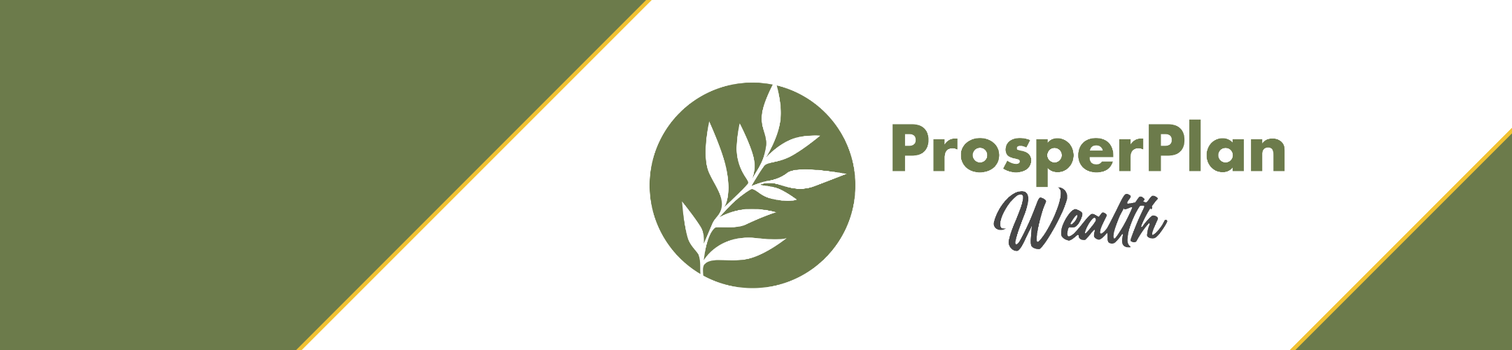 Logo for ProsperPlan Wealth featuring a green circle with a white leafy branch, and the company name in green and gray text on a white background with green diagonal borders and yellow accents.