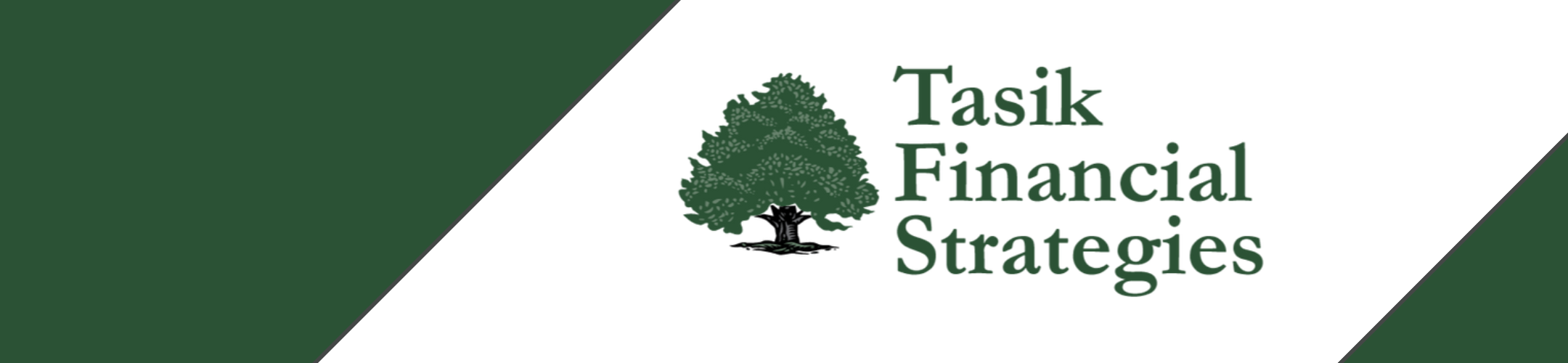 Logo for Tasik Financial Strategies with a green oak tree illustration and green text on a white background, bordered by diagonal green bands on the left and right sides.