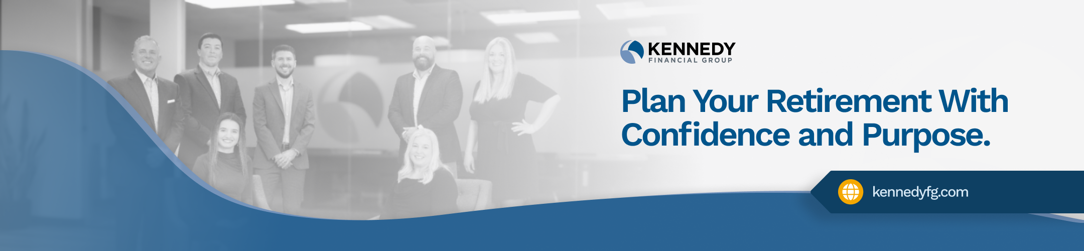 A group of professionally dressed people pose in an office with the text 