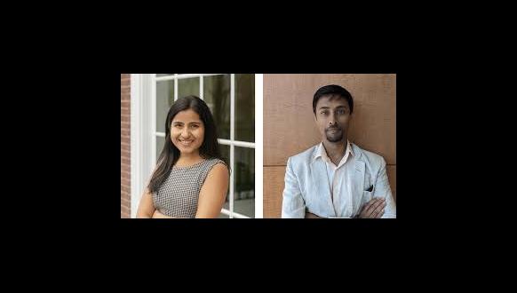 Split image of a woman smiling with arms crossed standing in front of a window and a man with arms crossed wearing a light blazer, standing against a wooden wall.
