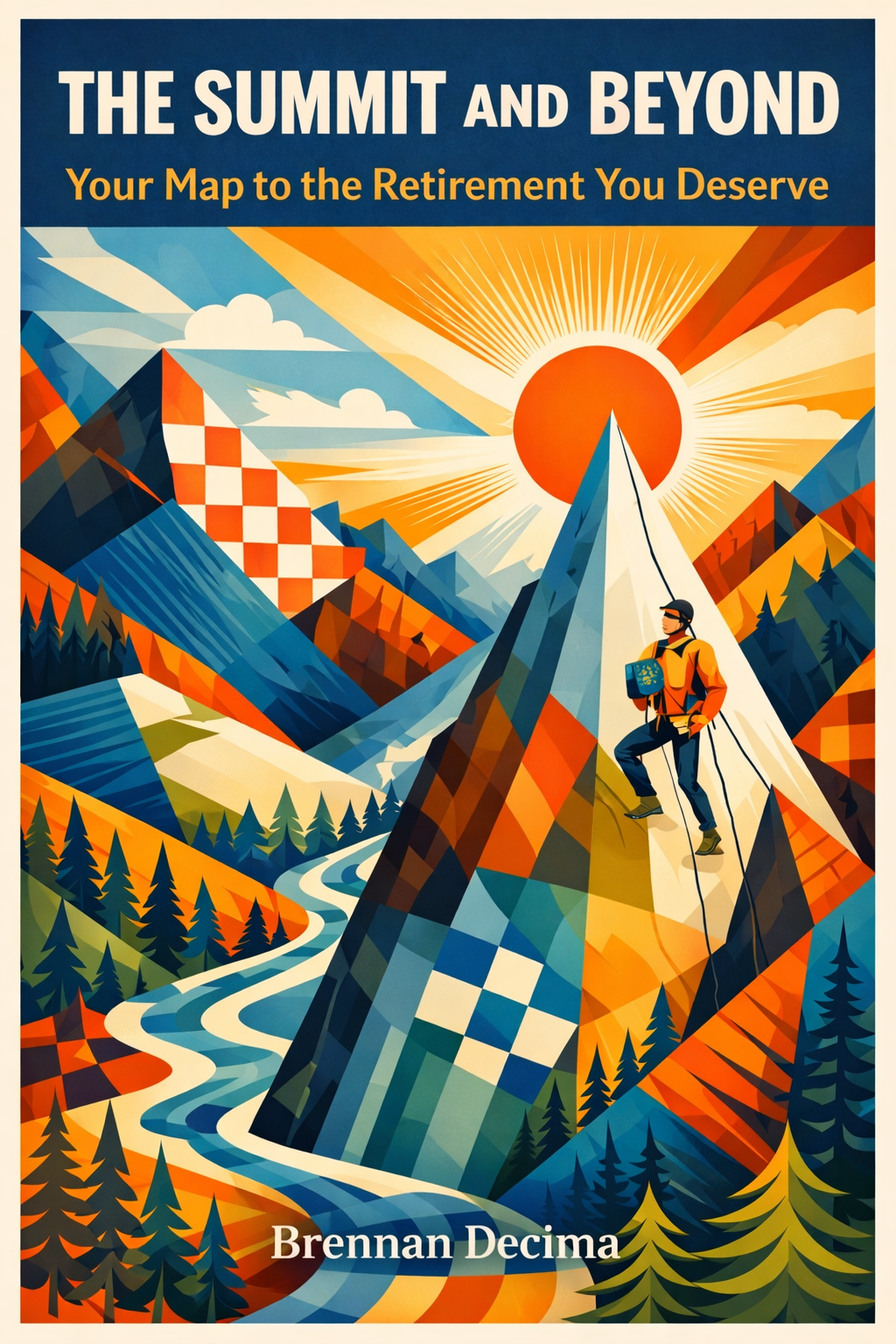 A colorful illustration of a climber scaling a geometric mountain under a bright sun, with a river, pine trees, and vibrant sky. Text reads: "The Summit and Beyond: Your Map to the Retirement You Deserve - Brennan Decima.