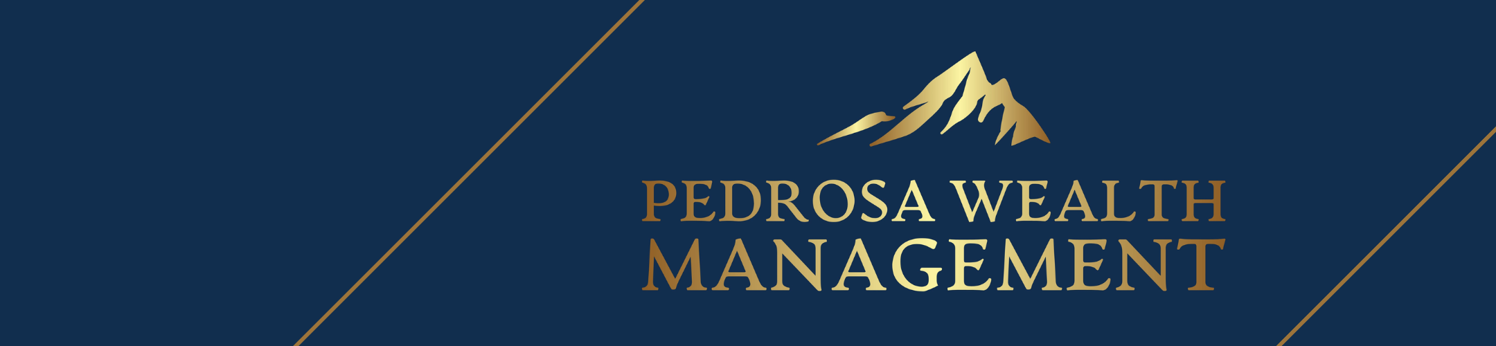 A navy blue background with gold diagonal lines, a gold mountain graphic, and the words 