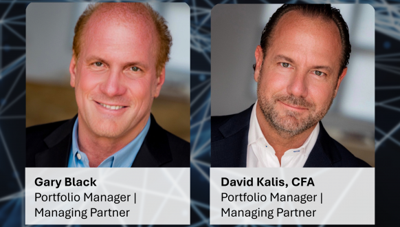 Side-by-side professional headshots of two men, Gary Black and David Kalis, CFA, each labeled as Portfolio Manager and Managing Partner, with a blue and white abstract background.