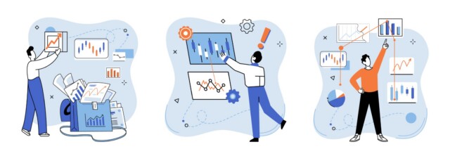 Three illustrated people analyzing charts and graphs: one sorts through messy papers and data, another points at data visualizations and gears, and a third confidently gestures at upward-trending graphs and pie charts.