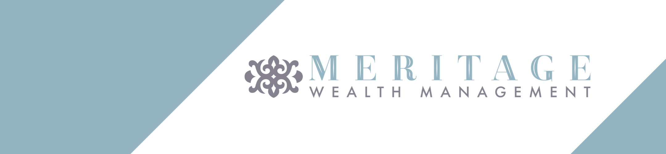 Banner with blue and white diagonal stripes. In the center, a decorative logo is followed by the words 