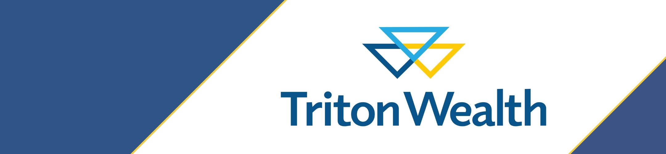 Logo for Triton Wealth with overlapping blue and yellow triangular shapes above the company name on a white and blue diagonal background.