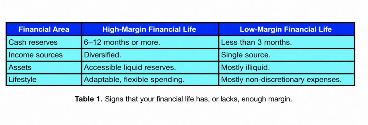 A table compares high-margin and low-margin financial lives by cash reserves, income sources, assets, and lifestyle, highlighting differences in diversification, liquidity, flexibility, and savings duration.