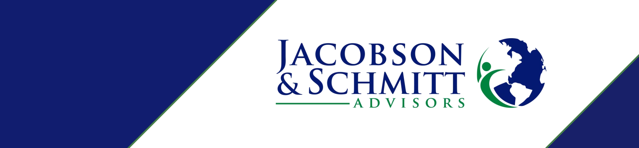 Logo for Jacobson & Schmitt Advisors featuring the company name in blue and green text, with a stylized globe and human figure graphic on a white background with blue diagonal borders.