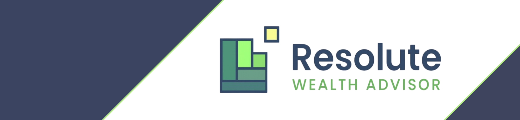 Logo for Resolute Wealth Advisor. The design includes geometric green shapes forming a square graphic on the left and the company name in bold blue and green text on a white and blue diagonal background.