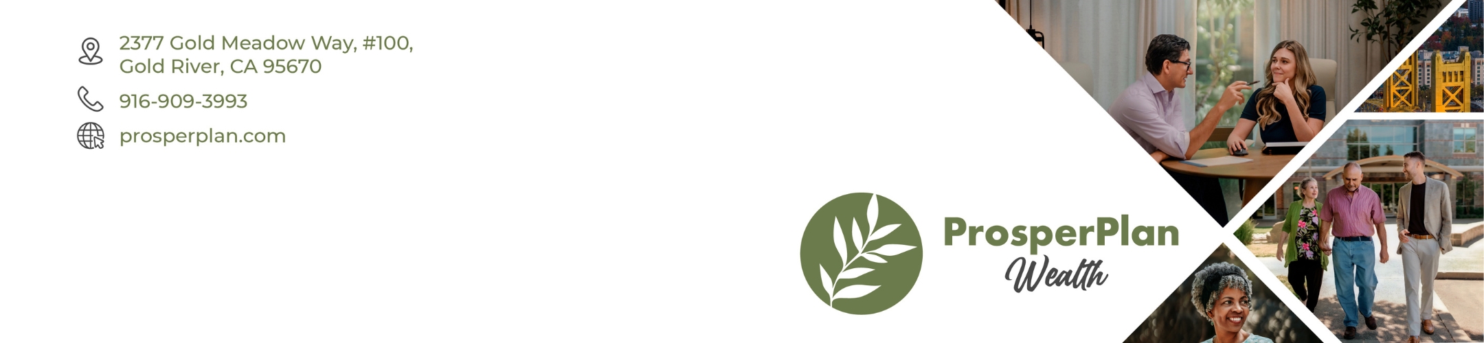 A business banner for ProsperPlan Wealth with contact info on the left and photos of people meeting, walking, and smiling on the right, separated by diagonal white lines.