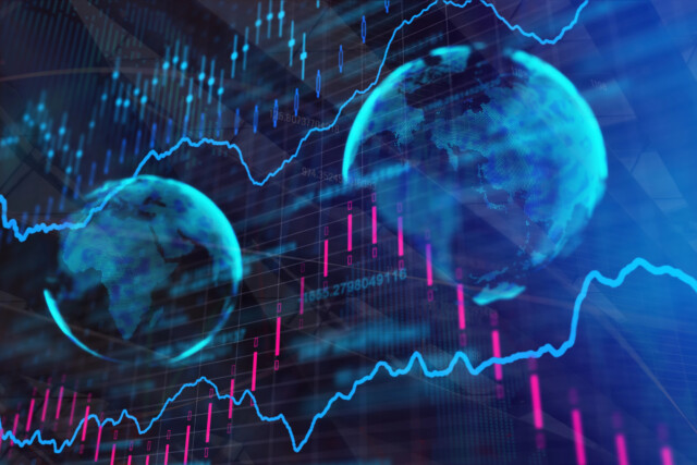 Digital image of two blue globes with stock market graphs, candlestick charts, and data points overlaying a dark background, symbolizing global finance and economic trends.